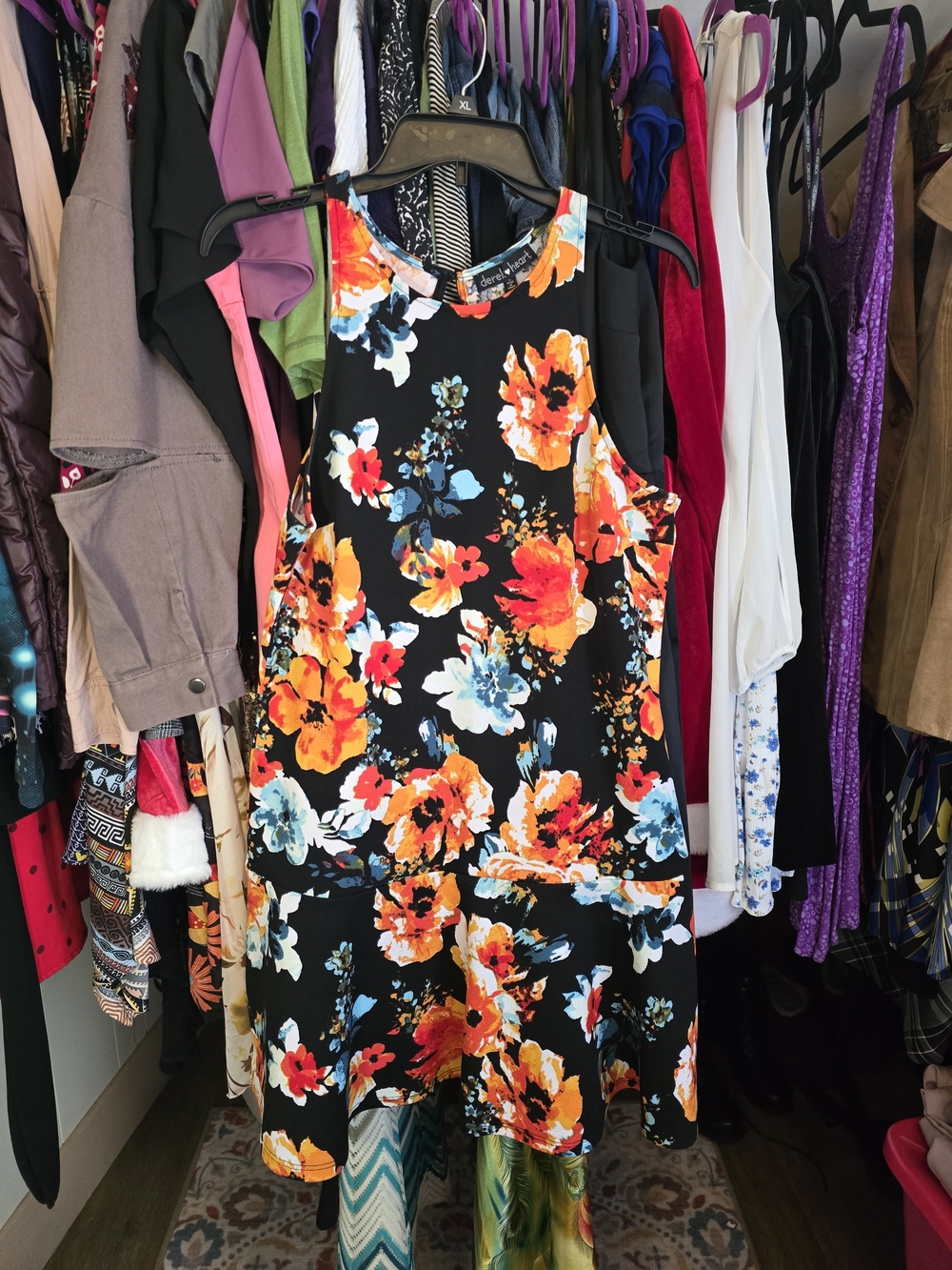 Derek Heart Black Mini Dress with Orange, Blue & White Floral Print